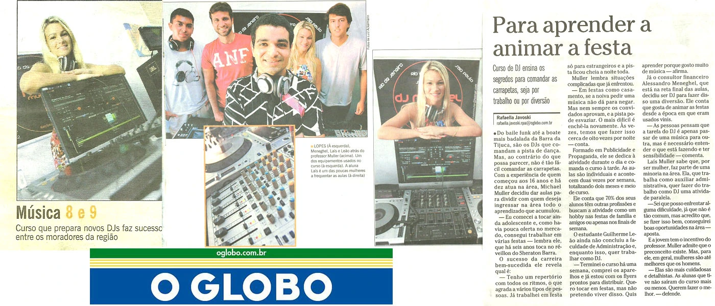 Recorte de O Globo de 2011 sobre o curso de DJ e Michael Müller